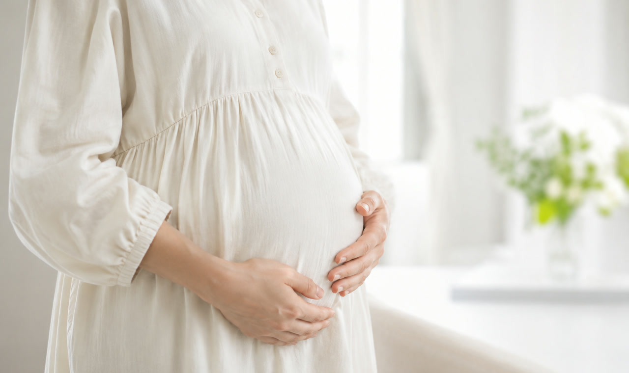 妊婦さんのお腹に手を添えた写真